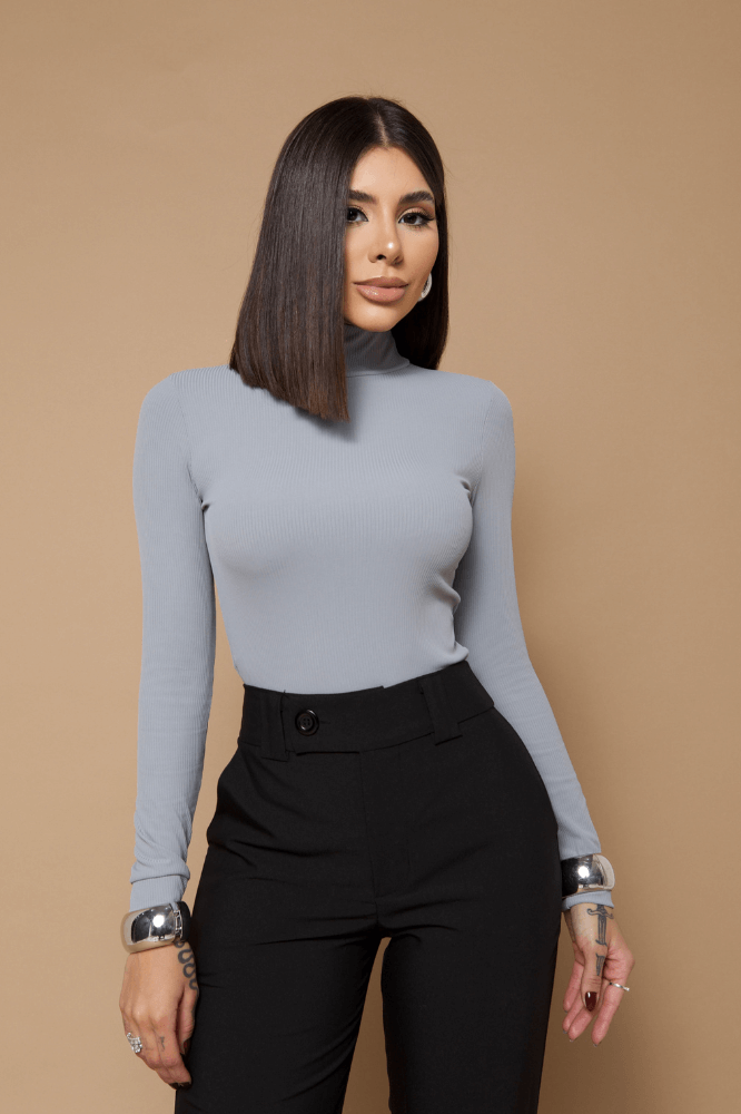 Blusa Gola Alta Manga Longa Basic Canelado Rib Twins Valéria Cinza Claro