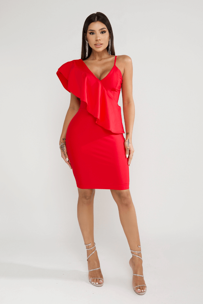 Vestido Curto Decote V Mangas Duo Babado E Alça Regulavél Prada Vermelho