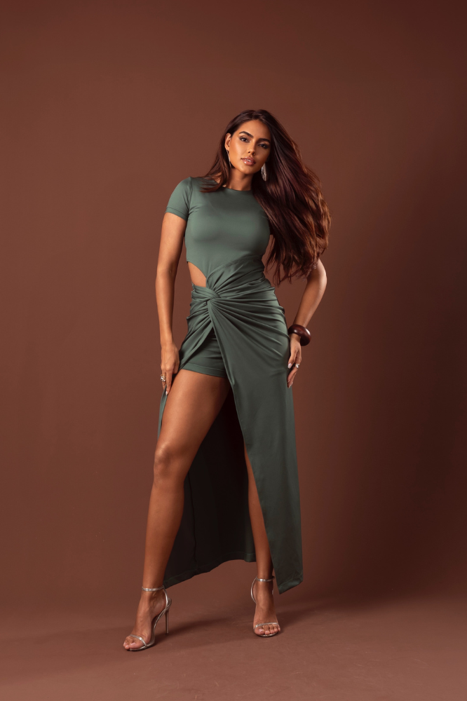 Vestido Longo Fenda Nó Isis Azeitona