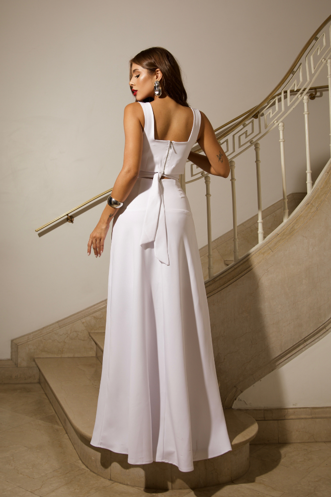 Vestido Longo Saia Evasê Recorte Cintura Ariel Branco
